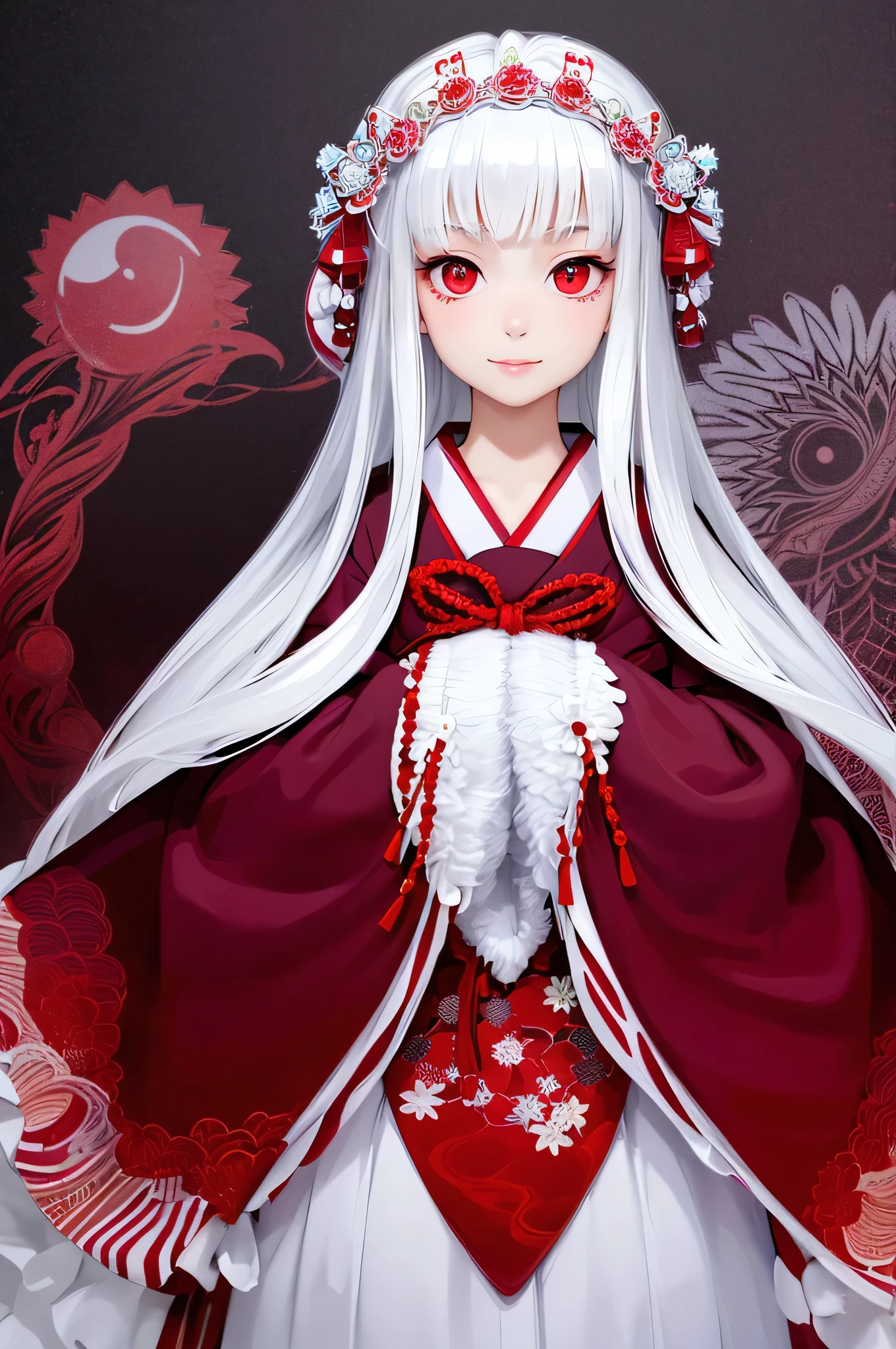 A masterpiece of the highest quality, 1 girl, One, White hair, japanese clothing, kimono, long hair, I look at the viewer, ((Red eyes)), smile, sparkling eyes, ((hands on your own face)), ((blood swirl)), (yandere:1.4), (sparkling eyes:1.4), Crazy eyes