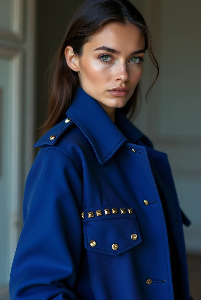 European woman model wearing blue studded coat 