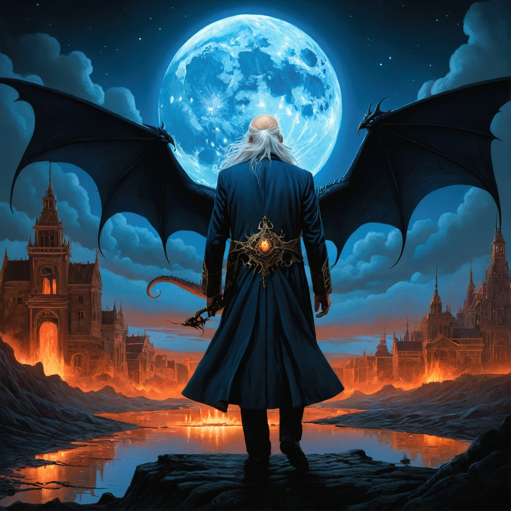 Describe the terrifying yet fascinating atmosphere of the underworld., where pointed buildings lit by firelight are arranged around a red river and burning earth,
From behind an old man with long white hair, wearing a blue paju studded with gold with a winged black dragon in the middle of a full moon background, and mumford tom bagshaw, and mumford tom bagshaw, dark surreal art, detailed 4k horror artwork, beksinski and dan mumford, el bosco and and mumford, dark surreal art, surreal horror art, surreal dark fantasy, unpleasant fantasy illustration, anton fadeev and dan mumford
