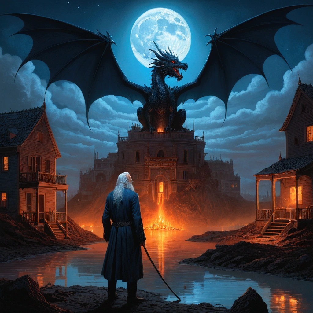Describe the terrifying yet fascinating atmosphere of the underworld., where pointed buildings lit by firelight are arranged around a red river and burning earth,
From behind an old man with long white hair, wearing a blue paju studded with gold with a winged black dragon in the middle of a full moon background, and mumford tom bagshaw, and mumford tom bagshaw, dark surreal art, detailed 4k horror artwork, beksinski and dan mumford, el bosco and and mumford, dark surreal art, surreal horror art, surreal dark fantasy, unpleasant fantasy illustration, anton fadeev and dan mumford