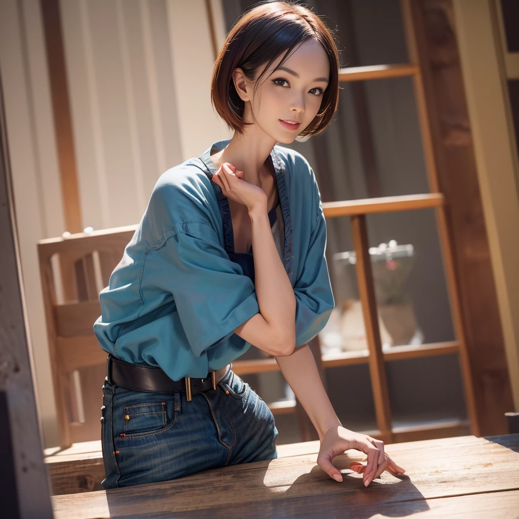 (best quality,4k,8k,highres,masterpiece:1.2),ultra-detailed, 1woman, Japanese woman, gyaru, five foot five inches tall, ginger colored hair, mole by her left eye, blue button up blouse, maroon jeans, large swollen breasts, wide hips, dancing around mid-western suburban american house, seductive pose, smiling lustfully, looking at viewer lovingly, ((intricate detail)),(((realism))), HDR, 8k, absurdres, cinestill 800, sharp focus, add_detail:2, (solo, woman)
