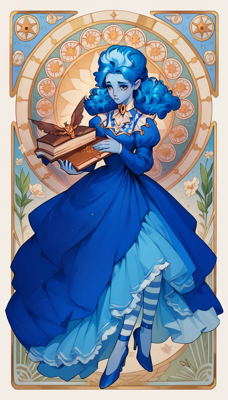 masterpiece, art nouveau, frankelda, 1girl, solo, dress, striped, blue hair, puffy sleeves, high heels, colored skin, floating, shy, holding a book againts chest