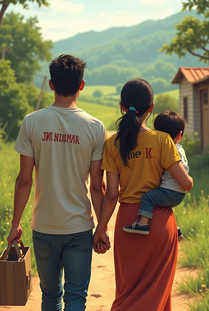 man and his wife working home to there village with their baby boy..on husband T shirt write , Jnr Thomas and his wife T shirt write, Julie k and the baby boy T shirt write ,Azariel B Abe.
