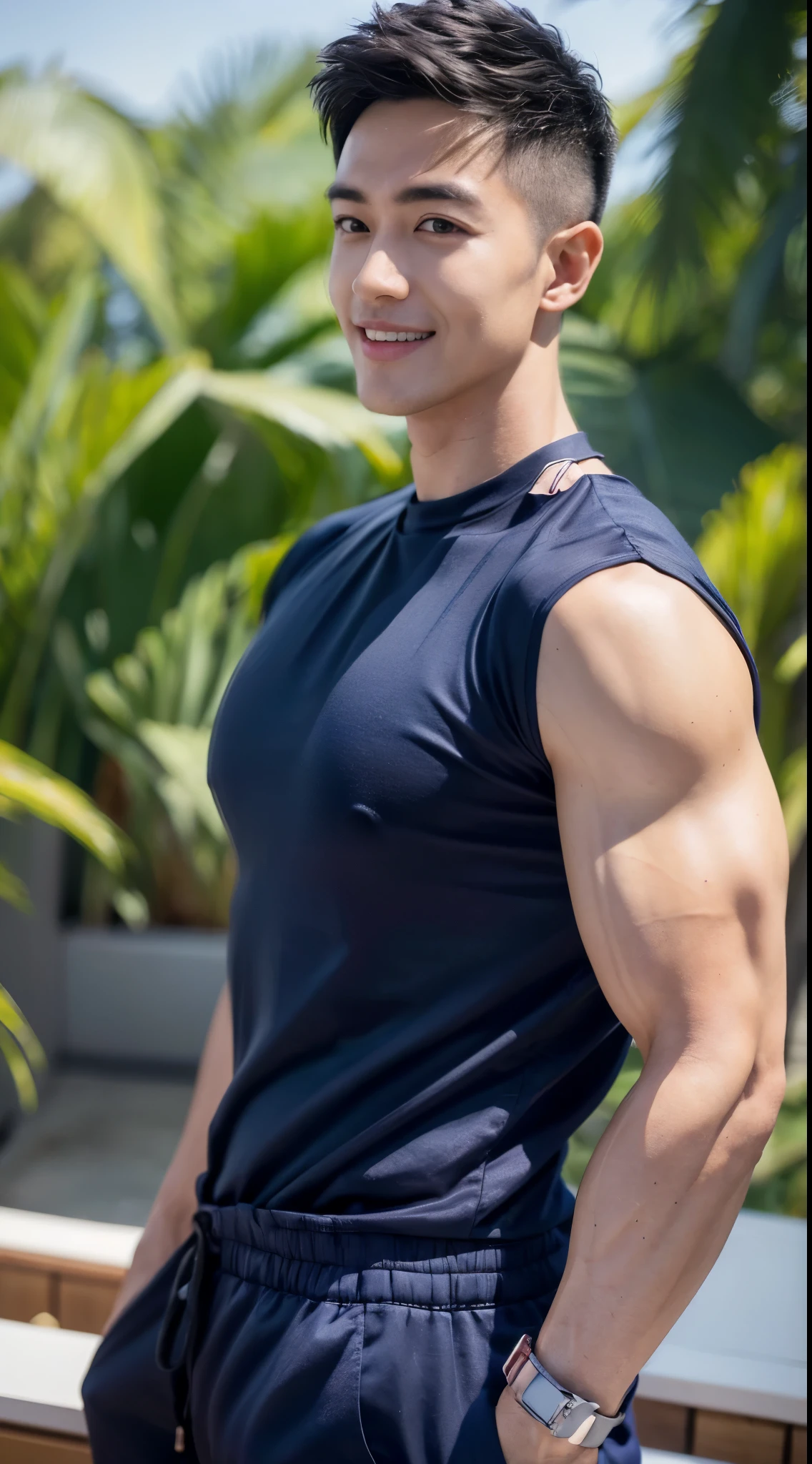 (Create a masterpiece: 1.2),(CGI art:1.3),(realistic:1.5),(After processing:1.3), (Sharp focus:1.3), 1 man, open mouth, smile, (Navy blue round neck shirt), Navy cargo pants, Korean guy , korean men, (High gloss details), chest muscles, large arm muscles, blood vessel, Big muscles, Broad shoulders, looking at the audience, Balancing the eyes, seaside beach sunlight