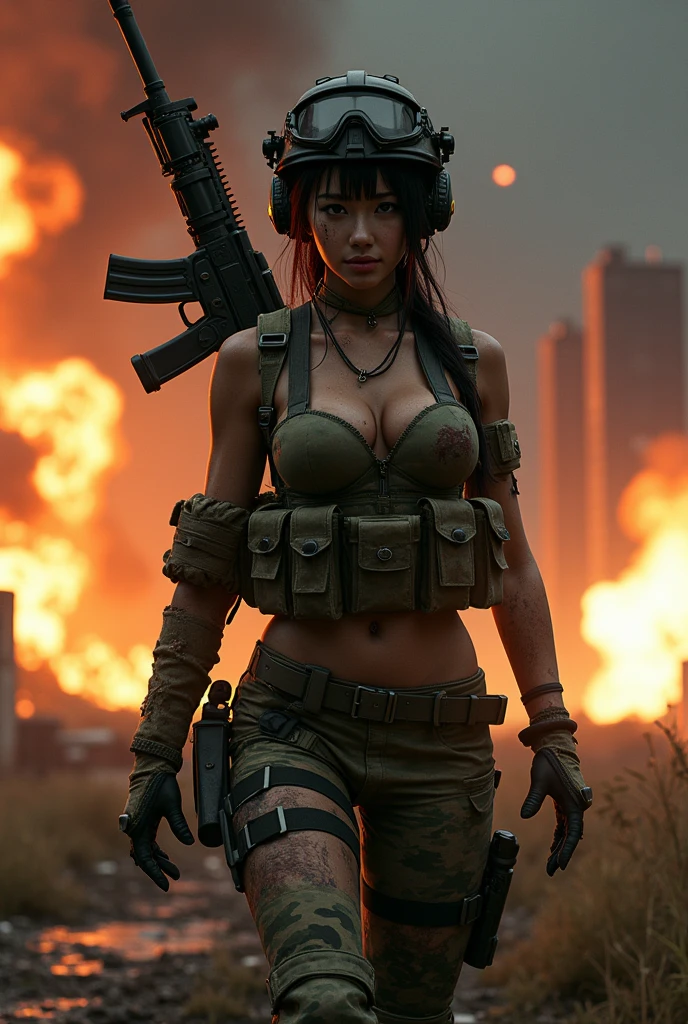 Photo-realistic, ultra-realistic, (very beautiful Japanese, famous Japanese idol:1.3), (Fully equipped for battle:1.5), large ault rifle on her back, (amazing view of multiple explosions:1), (painful impressions, crying:1.3), (wearing an army soldier's Camouflage outfits with military helmet:1.5), (Caring for a wounded female soldier at a battle field of Abandoned Building at night:1.3), very large bretactical vest, military harness:1.3), (military long boots:1), dynamic angle, spectacular, (injured:1.3), (muddied, damaged wears, damaged body:1.3),
