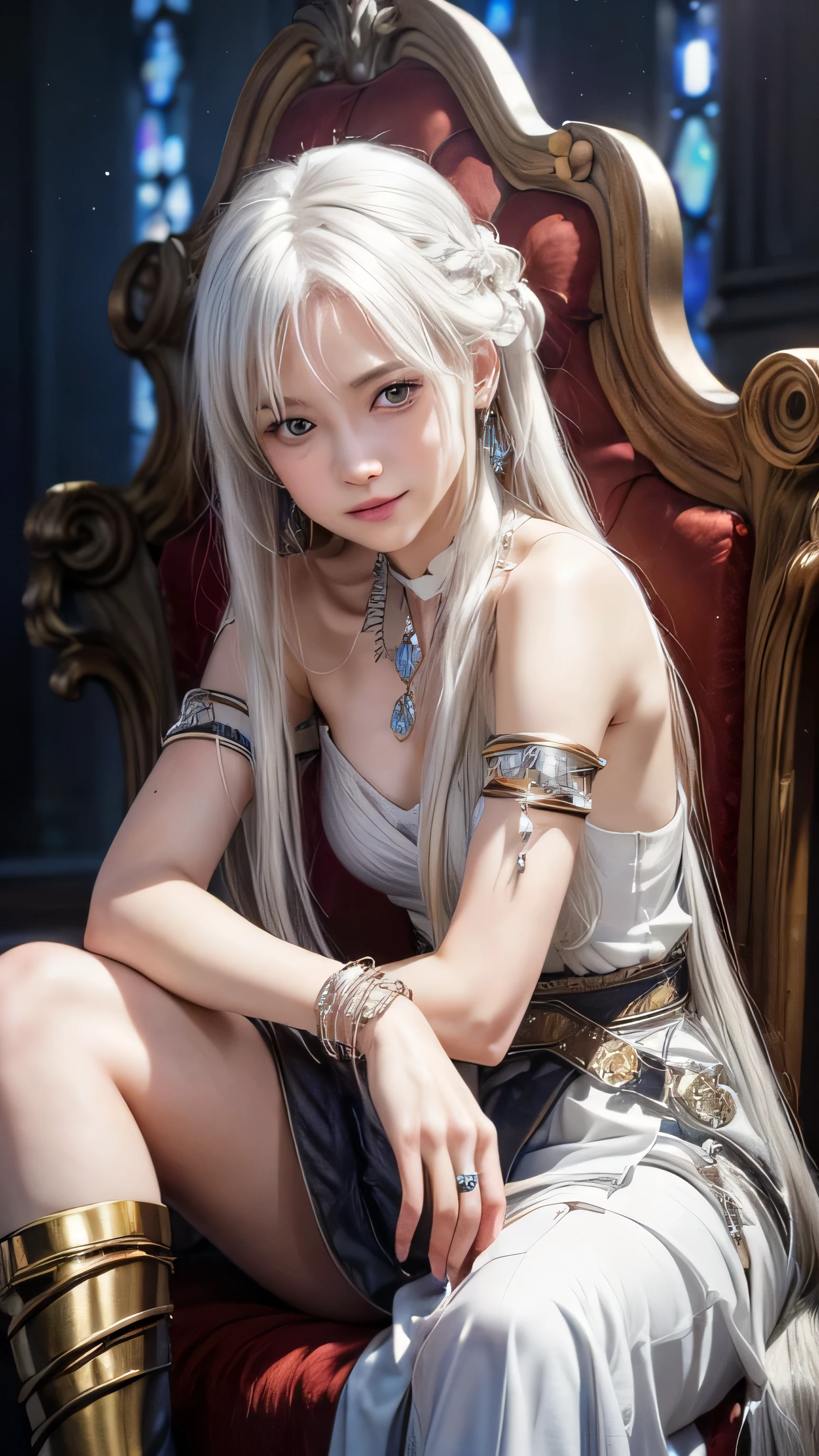 masterpiece, best quality, (realistic,photo-realistic:1.4), (RAW photo:1.2), extremely detailed CG unity 8k wallpaper, delicate and beautiful, amazing,finely detail, official art, absurdres, incredibly absurdres, huge filesize, ultra-detailed,extremely detailed eyes and face,light on face,yuuki asuna,(little smile),(white hair:1.4),(long hair:1.4),(wearing white dress:1.4),(throne room background:1.4),(jewelry:1.5)