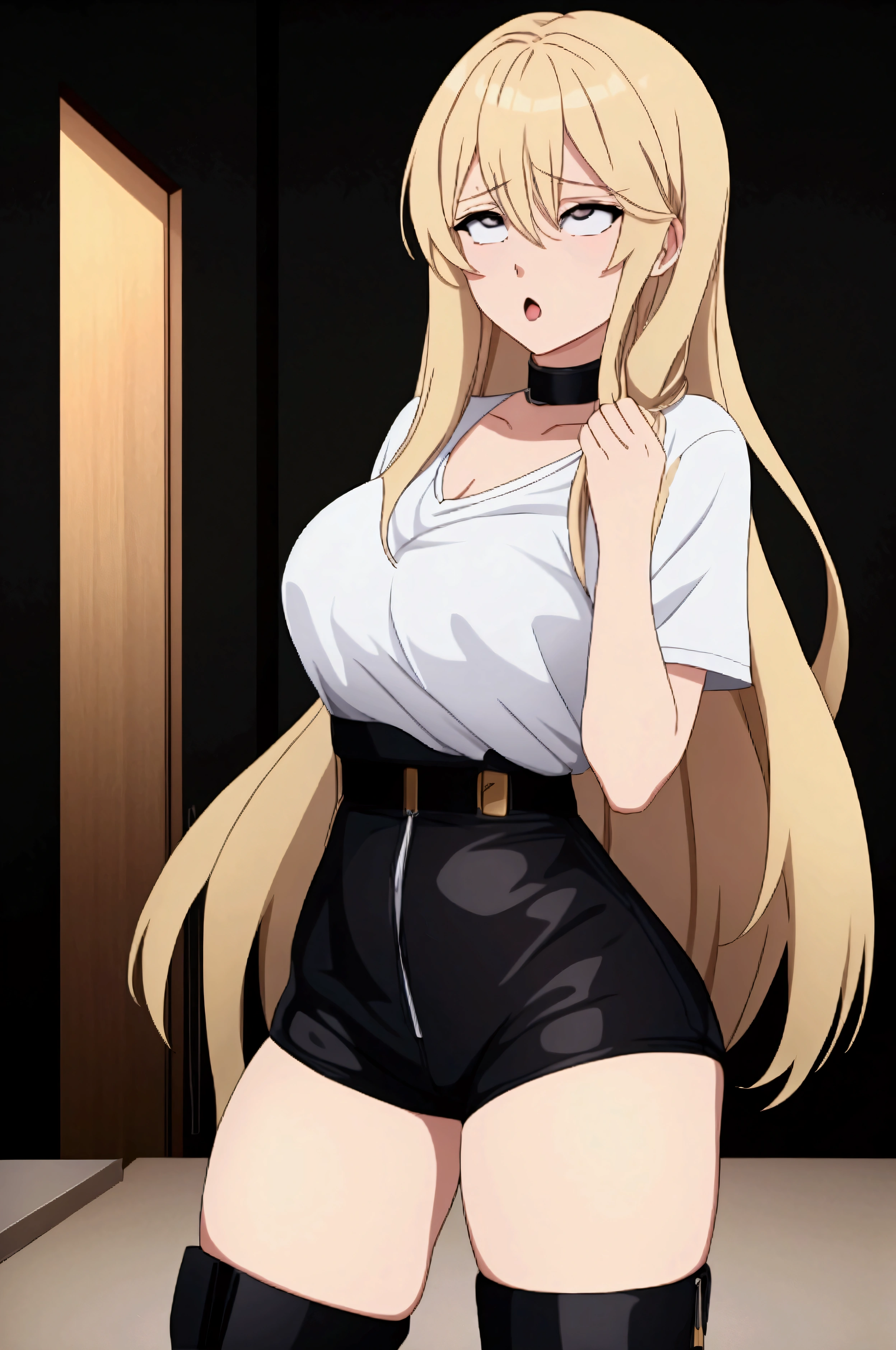 create a blonde woman image, blonde girl, ((blondehair)) anime traits, anime image, anime traits, Imagine a strong woman, with long, straight hair in an intense black color. She's in a battle pose, but with a surprised expression, looking at something off screen. Her entire body is on display in the image, in a position that displays both his strength and his surprise. She's dressed casually, with a white V-neck t-shirt that contrasts with her skin and highlights her athletic build. She wears black mini shorts that match perfectly with her black mid-calf boots.. The image background is a single solid color., no textures, to make it easier to cut out the figure later. The woman appears completely on the screen, sem cortes.
