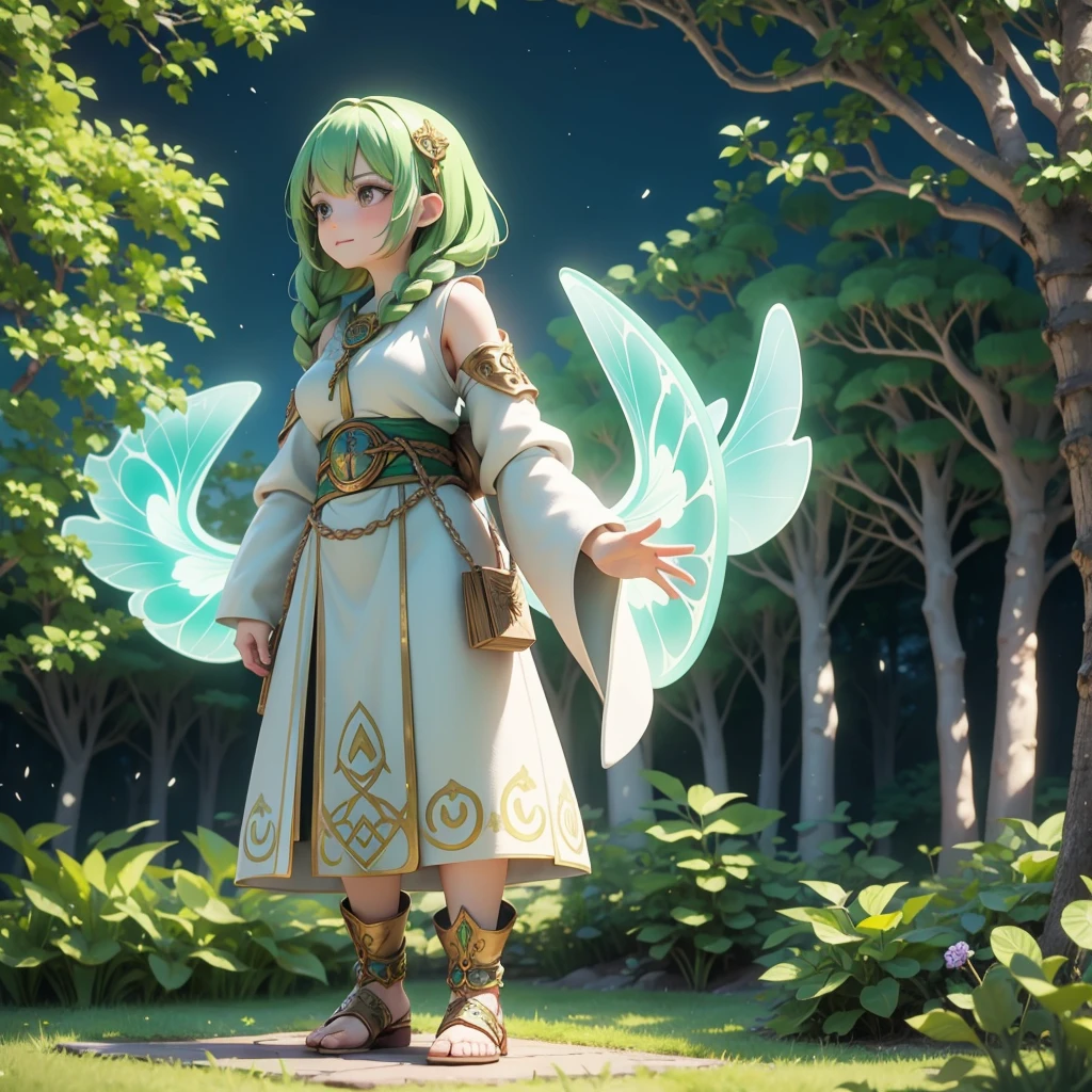 Celtic mythological priestess in long dress、In front of the great tree of Yggdrasil、There are fairies flying around