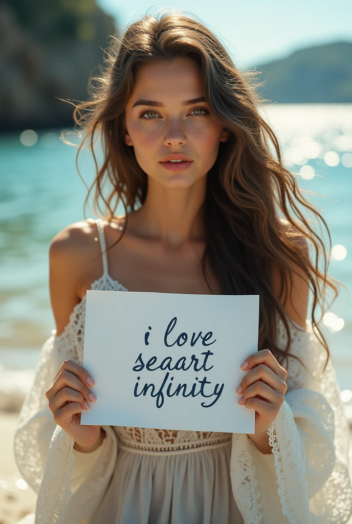 Beautiful girl with wavy long hair, bohemian dress, holding a white board with text "I Love Seaart Infinity" and showing it to the viewer
