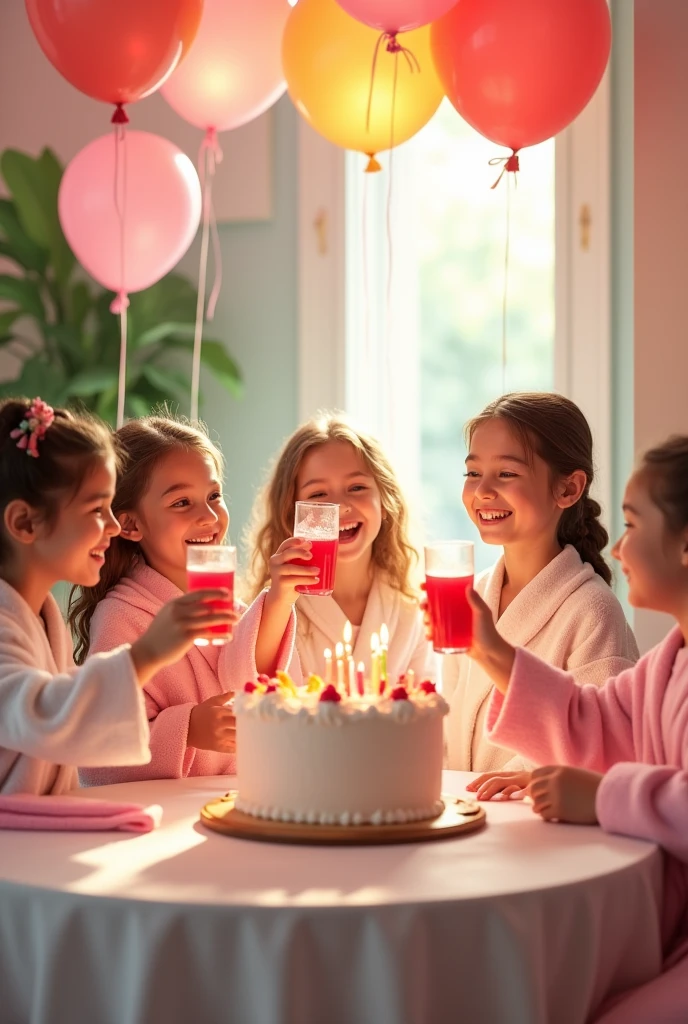 spa birthday party girls white and pink bathrobe girls little girloon party girls toasting red non-alcoholic drinks and cake