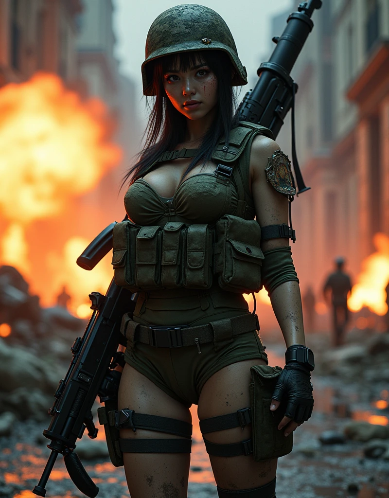 Photo-realistic, ultra-realistic, (very beautiful Japanese, famous Japanese idol:1.3), (Fully equipped for battle:1.5), large assault rifle on her back, (amazing view of multiple explosions:1), (painful impressions, crying:1.3), (wearing an army soldier's Camouflage outfits with military helmet:1.5), (Caring for a wounded female soldier at a battle field of Abandoned Building at night:1.3), very large breasts, (tactical vest, military harness:1.3), (military long boots:1), dynamic angle, spectacular, (injured:1.3), (muddied, damaged wears, damaged body:1.3),