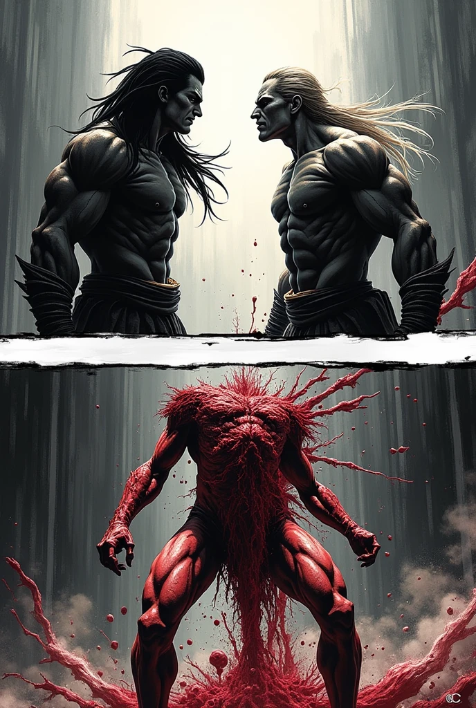Give me a panel that will said "nah I'd win" and the next panel dead scene and cutting off the upper body but the lower body was still standing and slash both hands (ok now do in a manga just like gojo satoru manga version)