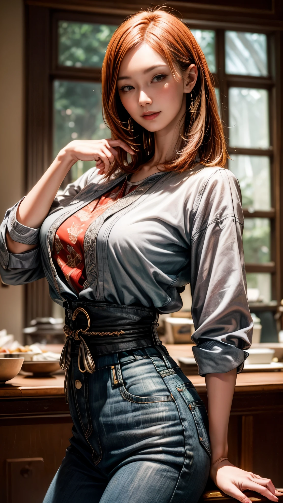 (best quality,4k,8k,highres,masterpiece:1.2),ultra-detailed, 1woman, Japanese woman, gyaru, five foot five inches tall, ginger colored hair, mole by her left eye, blue button up blouse, maroon jeans, large swollen breasts, wide hips, dancing around mid-western suburban american house, seductive pose, smiling lustfully, looking at viewer lovingly, ((intricate detail)),(((realism))), HDR, 8k, absurdres, cinestill 800, sharp focus, add_detail:2, (solo, woman)
