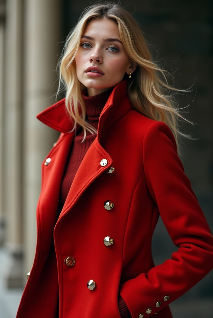 European woman model wearing red studded coat