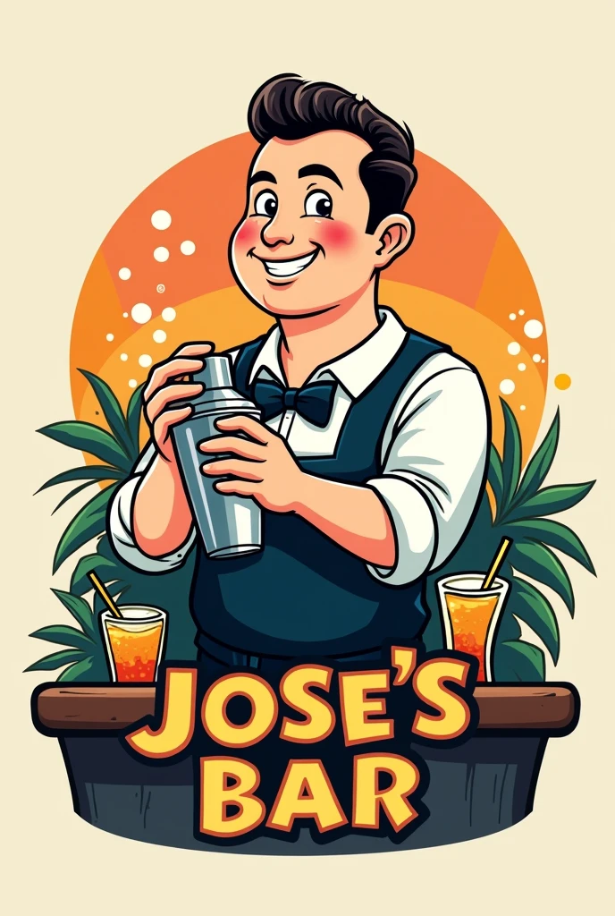 create a logo for a bar called "Jose&#39;s Bar" with bartender theme, that the man is a little chubby and does not have a beard or mustache and is shaking a shaker. that the illustration is set in 2d

