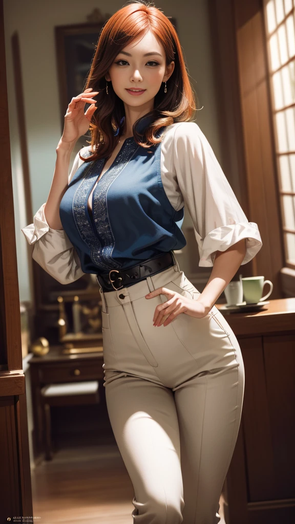 (best quality,4k,8k,highres,masterpiece:1.2),ultra-detailed, 1woman, Japanese woman, gyaru, five foot five inches tall, ginger colored hair, mole by her left eye, blue button up blouse, maroon jeans, large swollen breasts, wide hips, dancing around mid-western suburban american house, seductive pose, smiling lustfully, looking at viewer lovingly, ((intricate detail)),(((realism))), HDR, 8k, absurdres, cinestill 800, sharp focus, add_detail:2, (solo, woman)
