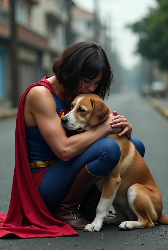 Short haired brunette woman wearing a superman costume, physically strong, strong arms and legs, sitting on the asphalt street, Hugging a dog, Grieving, side perspective, sobbing. brazil.