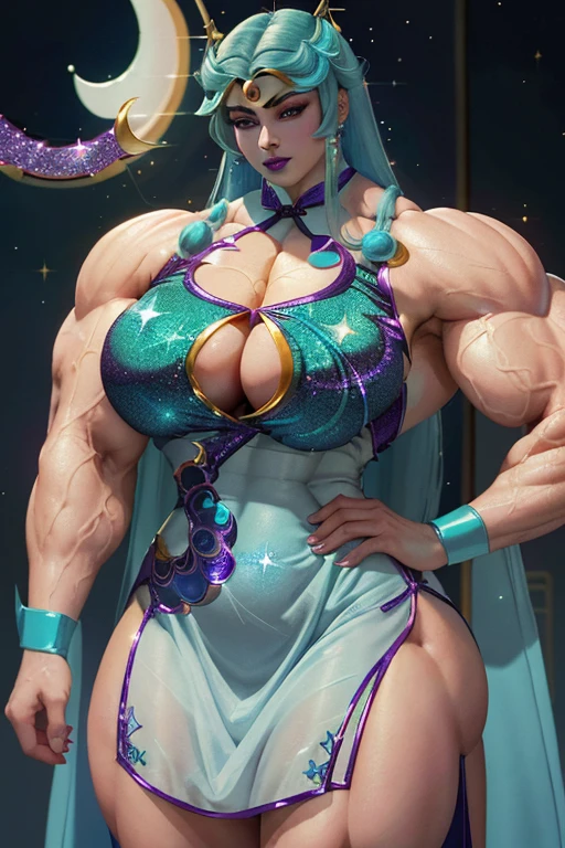 (Close view), tall, (cyan hair), beautiful muscular woman, long beachy hair, pale white skinned, closed smile, (black lipstick), ((massive muscles)), (hyper muscle), ((ginormous bulky muscles)), purple eyes, ((((cyan sparkly cheongsam dress embroidered with crescent moon designs)))), gauntlets, choker, thigh high lace socks, (in japan)
