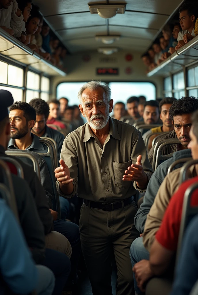  An old man standing talking to people in a 4 row packed bus 
