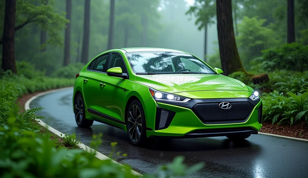 hyundai ioniq 5 green colour on the road of forest with rain
