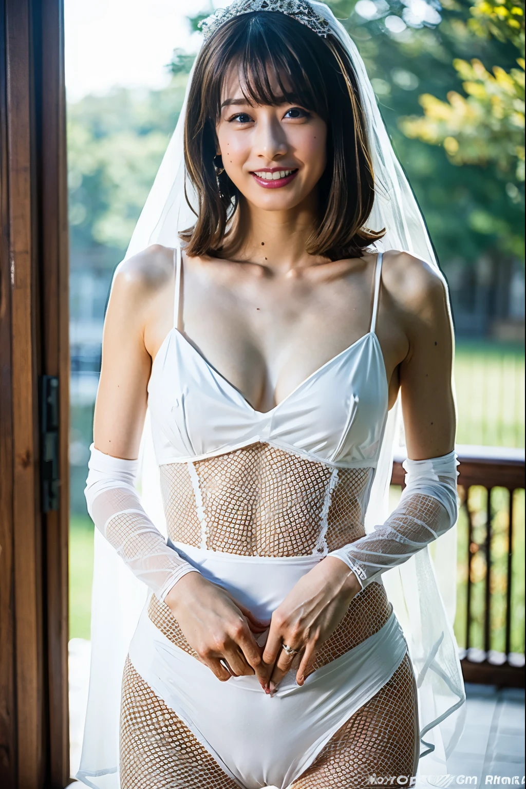 Naked Bride." shape, Large saggy breasts, Beautiful nipples, Perfect body, whole body , Church wedding, (((There were many participants behind her...))). (((white transparent wedding dress, Transparent Micro Panties, Transparent Micro Bra, Fishnet tights.))) . Thick pubic hair. ,(Highest quality, 4K, 8k, High resolution, Tabletop:1.2), Very detailed, (Realistic, Realistic, Realistic:1.37), Royal, attractive, (Vibrant colors, Sharp Chest:1.1), Soft lighting"Writhing expression. The most beautiful woman in town.