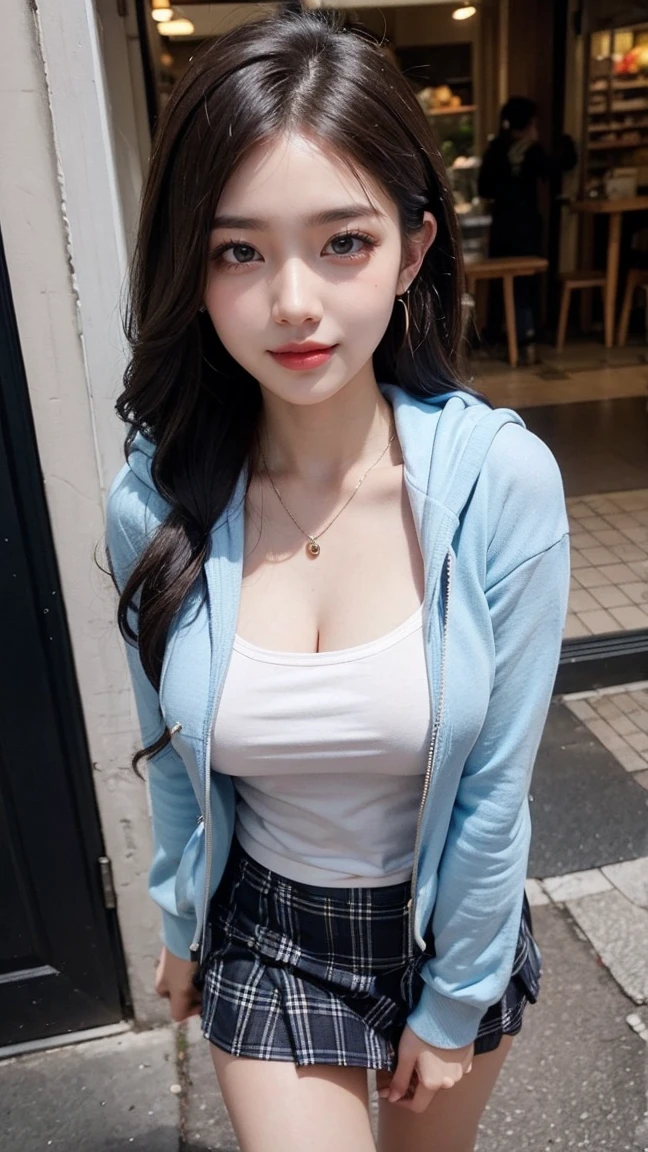 ((Downtown in Phuket)), (Walking along the street), (masterpiece:1.3), light makeup, red lips, beautiful hair, Black hair, (Medium hair:1.3), elegant, soft lighting, Very fine details, masterworks, authentic texture, perfect work, (1 girl), (One Woman), 16k, high resolution, exquisite features, brown eyes, (Ultra-high resolution eye:1.1), Japanese idol, beautiful face, ((artists work)), (photorealism:1.2), (gentle smile like a goddess), attractive, well-shaped breasts, beautiful cleavage, shiny skin, smooth skin, BREAK, (Light Bluehoodie:1.3),BREAK,(white tube top),BREAK,(plaid skirt), earrings, necklace, BREAK, Full-body, walking position, (Walking through the weekend market), (Model pose with legs apart), BREAK, Place your hands behind your back, (Asking for a kiss:1.2), (lovely smile), shoot from above, (Close up:1.2),