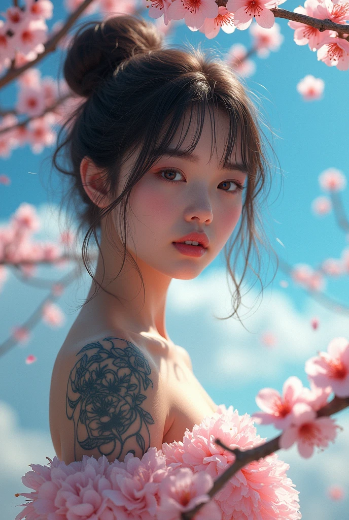Girl , sakura , tattoo , sky, young ,tattoo on shoulder , tattoo, really real