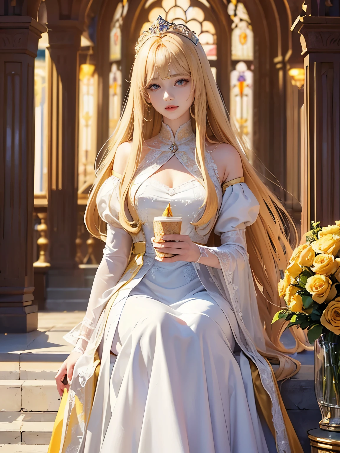 ((whole body))　(Big 1.4)　Beautiful fantasy girl　((best quality)), ((masterpiece)), (get used to it), perfect face　(1 girl)　(French)　(she is 、The cutest teens in france.)　((best quality)), ((masterpiece)), length blonde hair 　length, Radiant golden hair,Golden soft hair, straight blonde hair, length blonde straight hair, Perfect silk straight hair, straight blonde hair, length blonde hair, she의 머리는 길고 곧다., detailed length blonde hair　((Big 1.4))　Super long hair down to the ankles　((Neat bangs　The neatly groomed bangs cover the entire forehead with a princess cut......))...　bright crimson lips　good, anatomically correct hand　Thin fingers　anatomically correct five fingers　Sexy Professional Makeup　Beautiful French girl face, French facial features, long hair shiny long hair, length, Radiant golden hair, length, straight golden hair, she의 머리는 길고 곧다., Super long hair girl, soft hair, length blonde hair, soft hair, length, Flat hair, Silky texture, long hair, length, Flowing blonde hair, Thin and shiny hair　anatomically correct、Beautiful white human skin with detailed hands and fingers　beautiful eyes　Mouth details　The corners of the mouth rise slightly　cool look　　(The eyebrow color is dark brown.)　　(yellow dress posing for a picture, Disney Portrait, tumbler, What is that?, wearing organza outerwear, dressed beautiful outerwear, lady using yellow dress, color: yellow, woman in sparkly flower dress, elegant yellow skin, outerwear, fantasy dress, Formal attire, light yellow　beautiful outerwear, yellow theme　)　(This is a church with high quality stained glass...)　(she&#39;random pose)　(Random model pose)