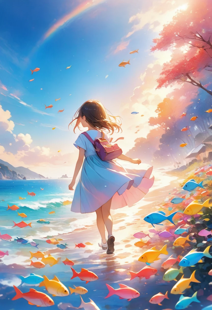 A girl walking through a colorful and beautiful ocean scene, A lot of fish in pop colors are swimming.、The sparkling shells１０indivual