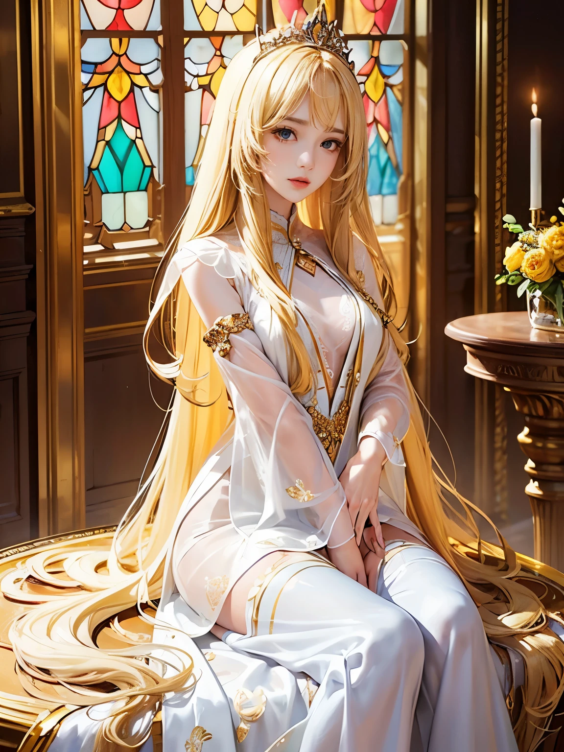 ((whole body))　(Big 1.4)　Beautiful fantasy girl　((best quality)), ((masterpiece)), (get used to it), perfect face　(1 girl)　(French)　(she is 、The cutest teens in france.)　((best quality)), ((masterpiece)), length blonde hair 　length, Radiant golden hair,Golden soft hair, straight blonde hair, length blonde straight hair, Perfect silk straight hair, straight blonde hair, length blonde hair, she의 머리는 길고 곧다., detailed length blonde hair　((Big 1.4))　Super long hair down to the ankles　((Neat bangs　The neatly groomed bangs cover the entire forehead with a princess cut......))...　bright crimson lips　good, anatomically correct hand　Thin fingers　anatomically correct five fingers　Sexy Professional Makeup　Beautiful French girl face, French facial features, long hair shiny long hair, length, Radiant golden hair, length, straight golden hair, she의 머리는 길고 곧다., Super long hair girl, soft hair, length blonde hair, soft hair, length, Flat hair, Silky texture, long hair, length, Flowing blonde hair, Thin and shiny hair　anatomically correct、Beautiful white human skin with detailed hands and fingers　beautiful eyes　Mouth details　The corners of the mouth rise slightly　cool look　　(The eyebrow color is dark brown.)　　(yellow dress posing for a picture, Disney Portrait, tumbler, What is that?, wearing organza outerwear, dressed beautiful outerwear, lady using yellow dress, color: yellow, woman in sparkly flower dress, elegant yellow skin, outerwear, fantasy dress, Formal attire, light yellow　beautiful outerwear, yellow theme　)　(This is a church with high quality stained glass...)　(she&#39;random pose)　(Random model pose)