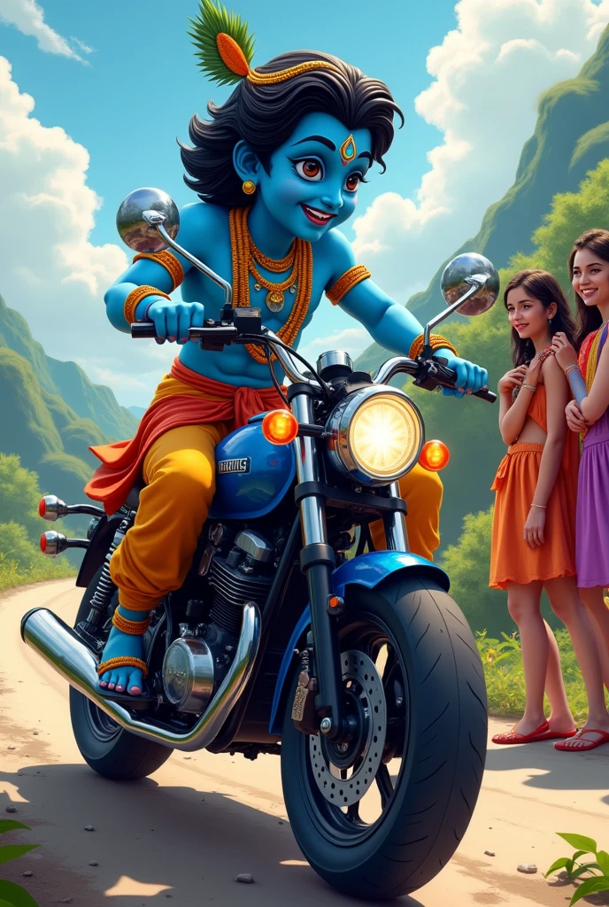 Blue Krishna riding motorcycle looking at girls and smiling 
