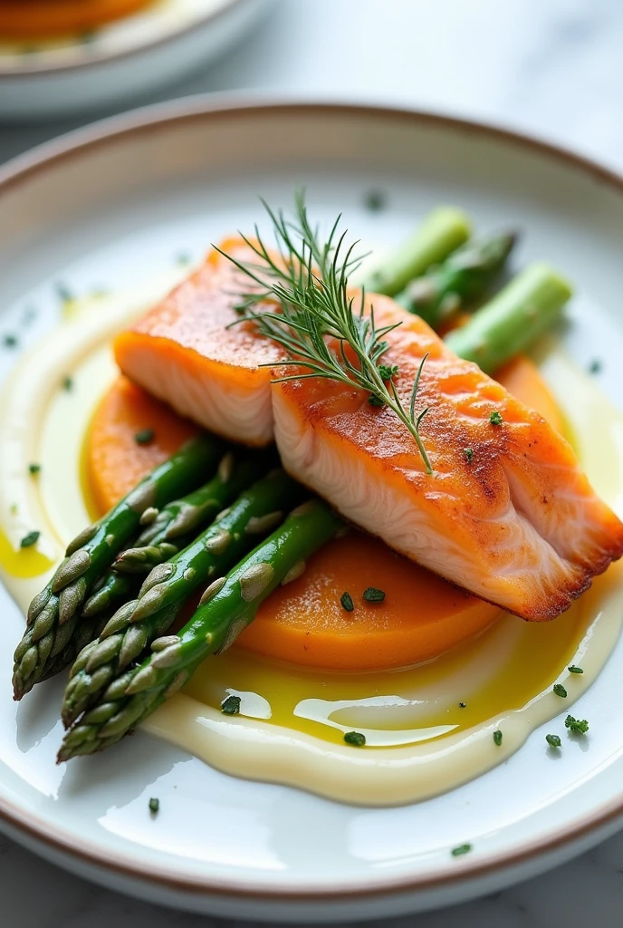 Confit salmon on asparagus, white sauce, herb oil and sweet potato puree