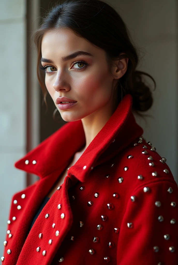 European female model wearing a red coat with lots of studs 