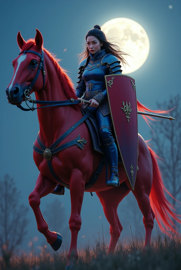 (masterpiece, best quality, beauty, best ratio, best shadows) uhd,china female kungfu, korean beauty like tae yon, full posture fully visible, shining red eyes, windblown hair, wear blue mate general full body armor boots, gold hoody, left hand holding big red emperor shield and right hand holding long spear, on red war horse crosing on field. night sky, full moon, and willow trees seen on far away. use the RenderMan renderer.digital art. High definition, high contrast,high color saturation,128k,cinematic lighting, intricate,cinematic advertising photograph,cinema lens,high res.