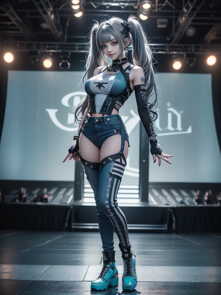 (Full Body View:1.2)、(Side view:1.2)、(Smiling with teeth showing:1.3),(Shibuya Gal:1.5)、(Gothic style fashion:1.5)、(Punk rock visual kei:1.5)、(Wearing a rhythmic gymnastics bodysuit with intricate details:1.4)、(Complex white racing suit and pants, Denim and turquoise decor:1.5)、(Denim and light blue and white boots:1.3)、((belt))、(A number of subtle logos are featured throughout the costume々:1.4)、(collar:1.3)、(Striped underwear:1.5)、20-year-old、Browsing Caution、((Highest quality、In 8K、masterpiece:1.3))、Sharp focus:1.2、(Layered Cut、Huge boobs:1.1),Beautiful woman with perfect figure:1.4、(Dance vigorously:1.3)、Slim Abs:1.2、Highly detailed face and skin texture、Detailed eyes、double eyelid,(Twin tails:1.3)、(Dark silver hair:1.3)、Idol Sculpture、(The background is the stage for a fashion show:1.3)、(The body is slim:1.3),(Slimming your legs:1.4),(clavicle:1.1)、(Thin and slim thighs:1.3)