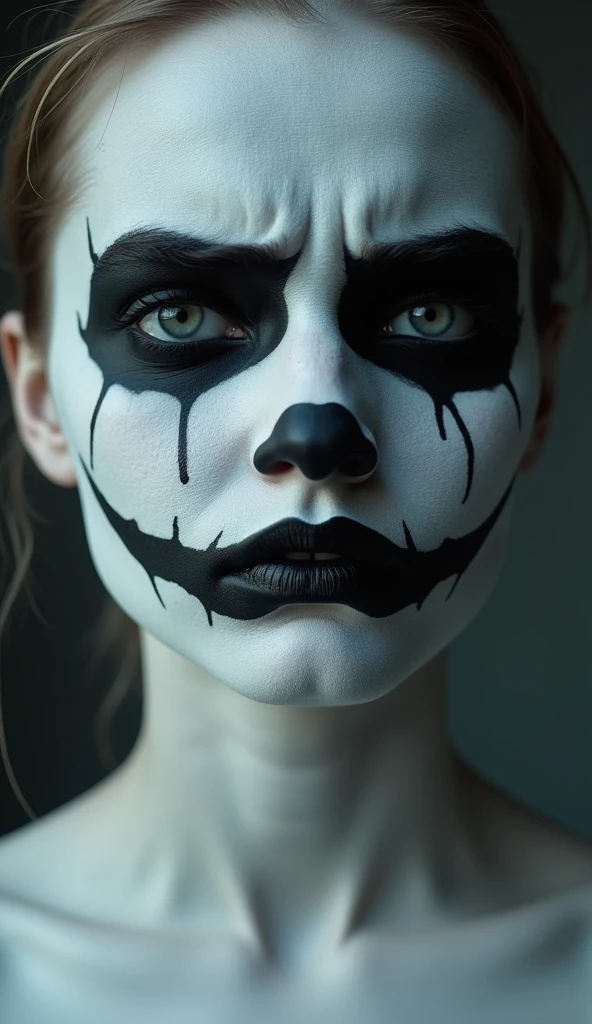 realistic photography extreme close up of a white painted floral profoundly sad contorted pouty ballerinas face with a angry scowl of a frown defined with black makeup looking directly forward with an extremly sad contorted frown white painted faces