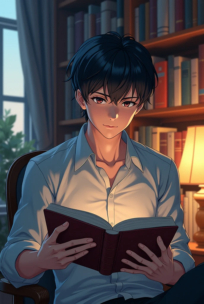 Anime style man reading book high qality extra detail