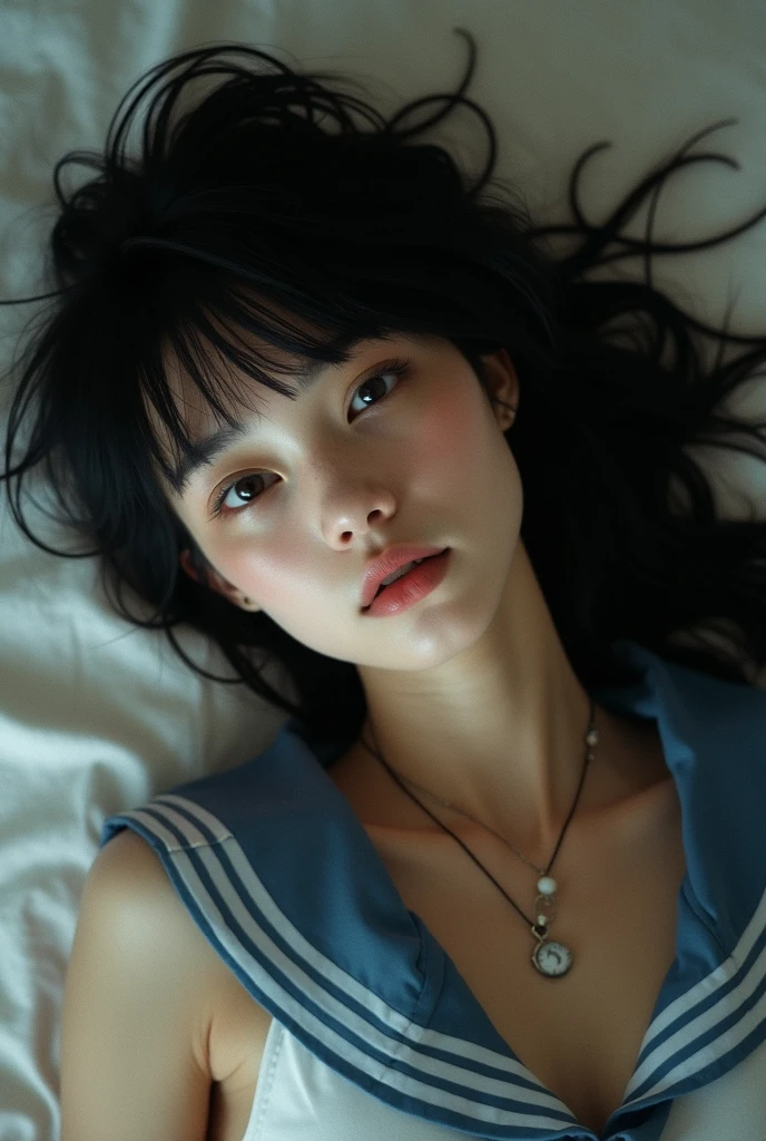 Tabletop, Highest quality, 8k, , Teen, RAW Photos, Absurd, Award-winning portrait, smile, alone, Idol&#39;s face, Delicate, Upper Body, Digital SLR, View your viewers, Frank, Sophisticated, Thin arms, Professional Lighting, Film Grain, chromatic aberration, (Eye and facial details:1.0), (Bokeh:1.1) , Big Breasts , Vision , bed , Sleep on your back , Top view , Close your mouth , Sailor suit , Black-haired , Disheveled Hair