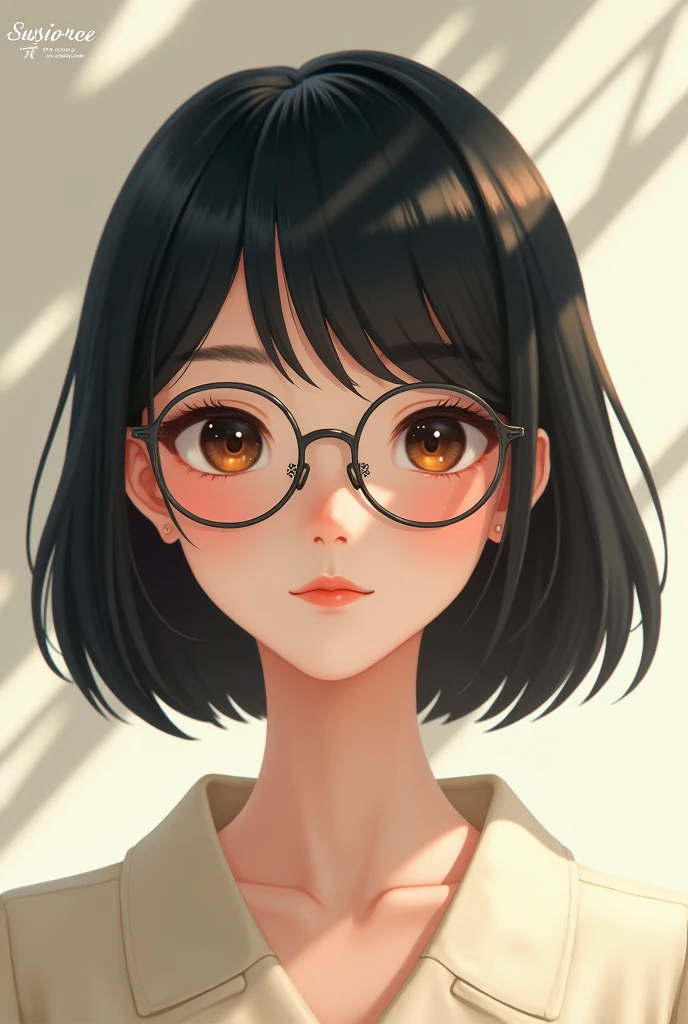 a Japanese girl child with bob haircut and straight straight hair and wearing glasses and slanted eyes