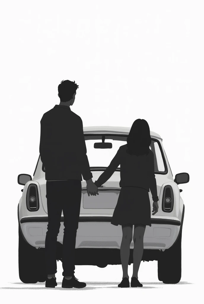Holding hands with a car、Monochrome illustration、Cars and people are partners、Man's back view、Rear of the car