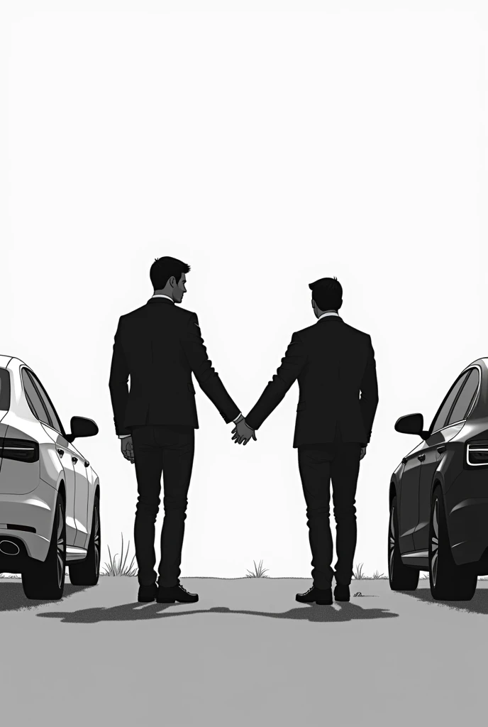 Holding hands with a car、Monochrome illustration、Cars and people are partners、Man&#39;s back view、Rear of the car