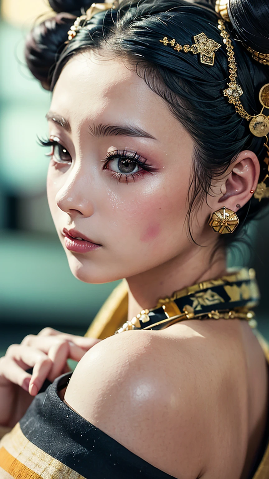 masterpiece, Highest quality, A solemn Japanese-style room with tatami mats, A large photograph of a woman from head to waist, profile, Chain-themed accessories, (Close up on face:1.5), (Casual dressing, I can see her boobs, Punk rock kimono, black地に赤+gold:1.3), (black+Orange Hair Color, Mid-length hair, Bun Hair), (blackい瞳, Sparkling eyes), (Lots of eyelashes)