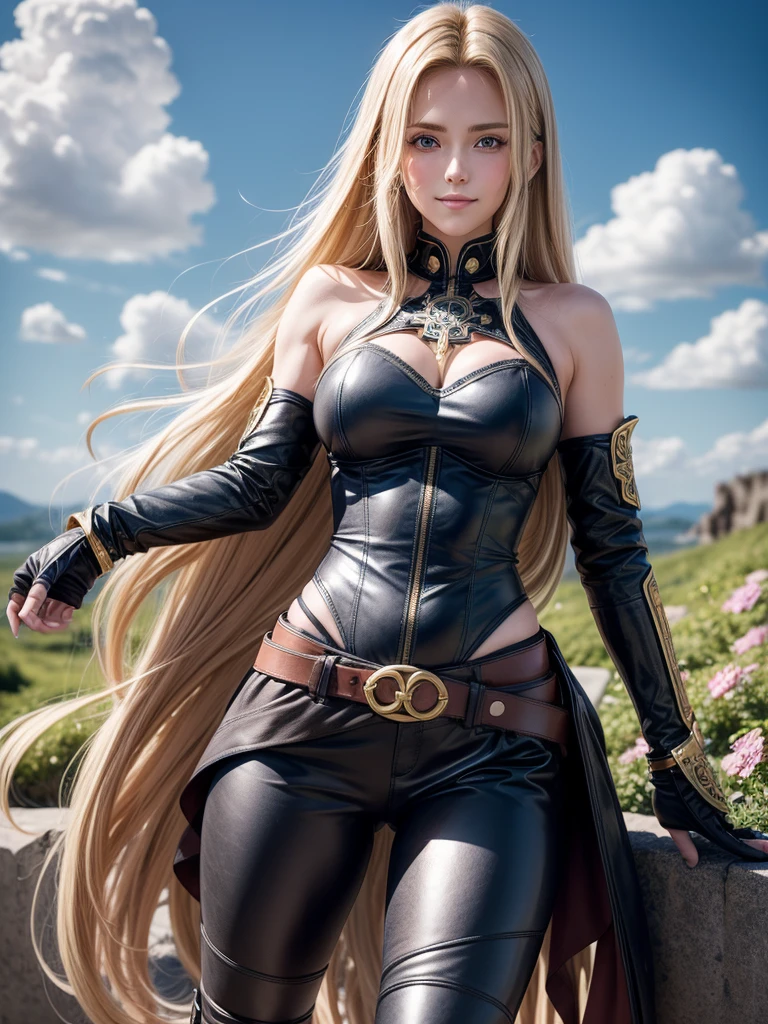 (8k, raw photo, Best Quality, maestro:1.2), (anime-anime photo:1.37), ultra detailed, 1 girl, beautiful, alone, Beautiful detailed blue sky with fluffy clouds, (blush), (whole body: 1.1), (smile: 1.1), (shut up), big breasts, beautiful and delicate blue eyes, (Blue fitted armor with intricate engravings of leaves and flowers : 1.1), Golden metal pieces covering her shoulders and arms, Dark brown leather belt with metal buckles, tight leather pants, Brown leather boots, A cross adorns his chest, (long blonde hair: 1.2), flowing hair, high contrast, Proporciones de whole body, (astride, stretch the legs, thin legs), Chest closeup, full color