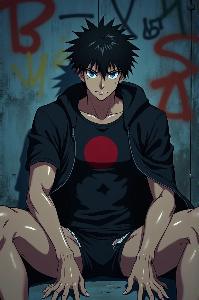 Un garçon dans le style animé japonais musclé il a des cheveux noirs et il fait les yeux bleus un peu en colère il porte un t-shirt serré de couleur noire avec un logo rouge au milieu il porte une veste noire il porte un boxer noir un peu déchiré il est assis par terre arrière-plan mur de graffiti sexy  transpiration il fait nuit il y a une érection dan son boxer adolescents 