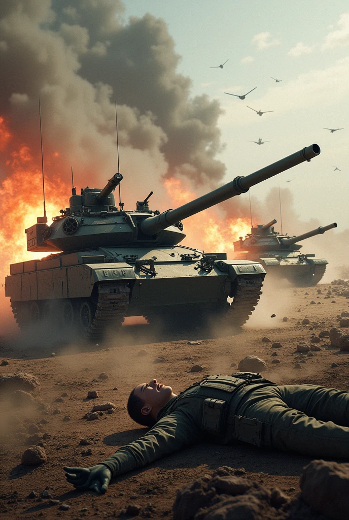 War field with 2 tank fighting each other and destory helicopter,dead soldier, and explosion around it. Make it very real