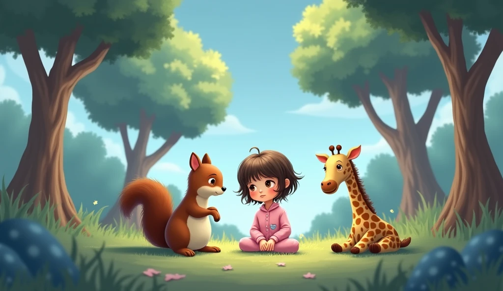 Sad squirrel sitting with stuffed giraffe and little cartoon girl in pink pajamas