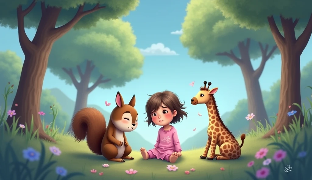 Sad squirrel sitting with stuffed giraffe and little cartoon girl in pink pajamas