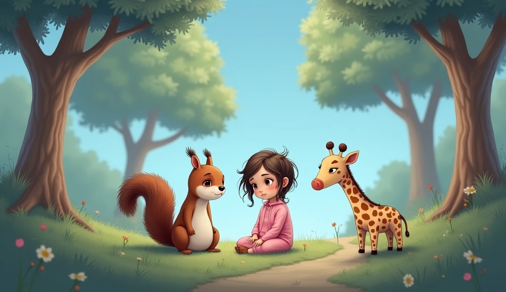 Sad squirrel sitting with stuffed giraffe and little cartoon girl in pink pajamas