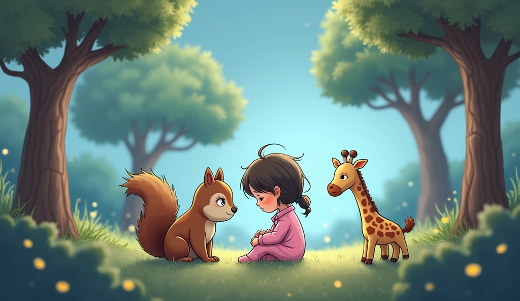 Sad squirrel sitting with stuffed giraffe and little cartoon girl in pink pajamas