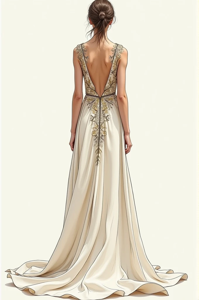 Concept Sketches
1. The Fluid Silk Gown: A floor-length gown made from organic silk, featuring a V-neckline and delicate draping. The gown is adorned with intricate embroidery using recycled thread, adding a touch of luxury and sustainability.